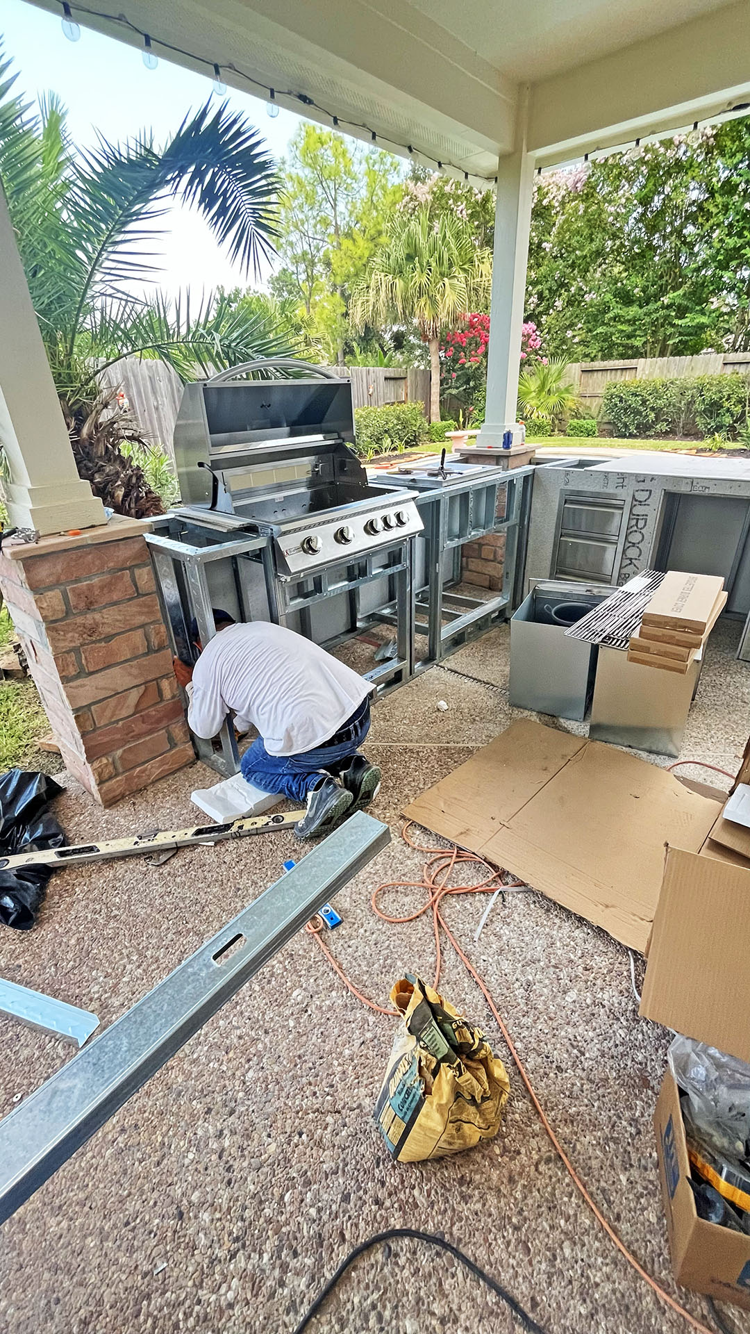 Outdoor kitchen construction in Pareland Texas grill installation.